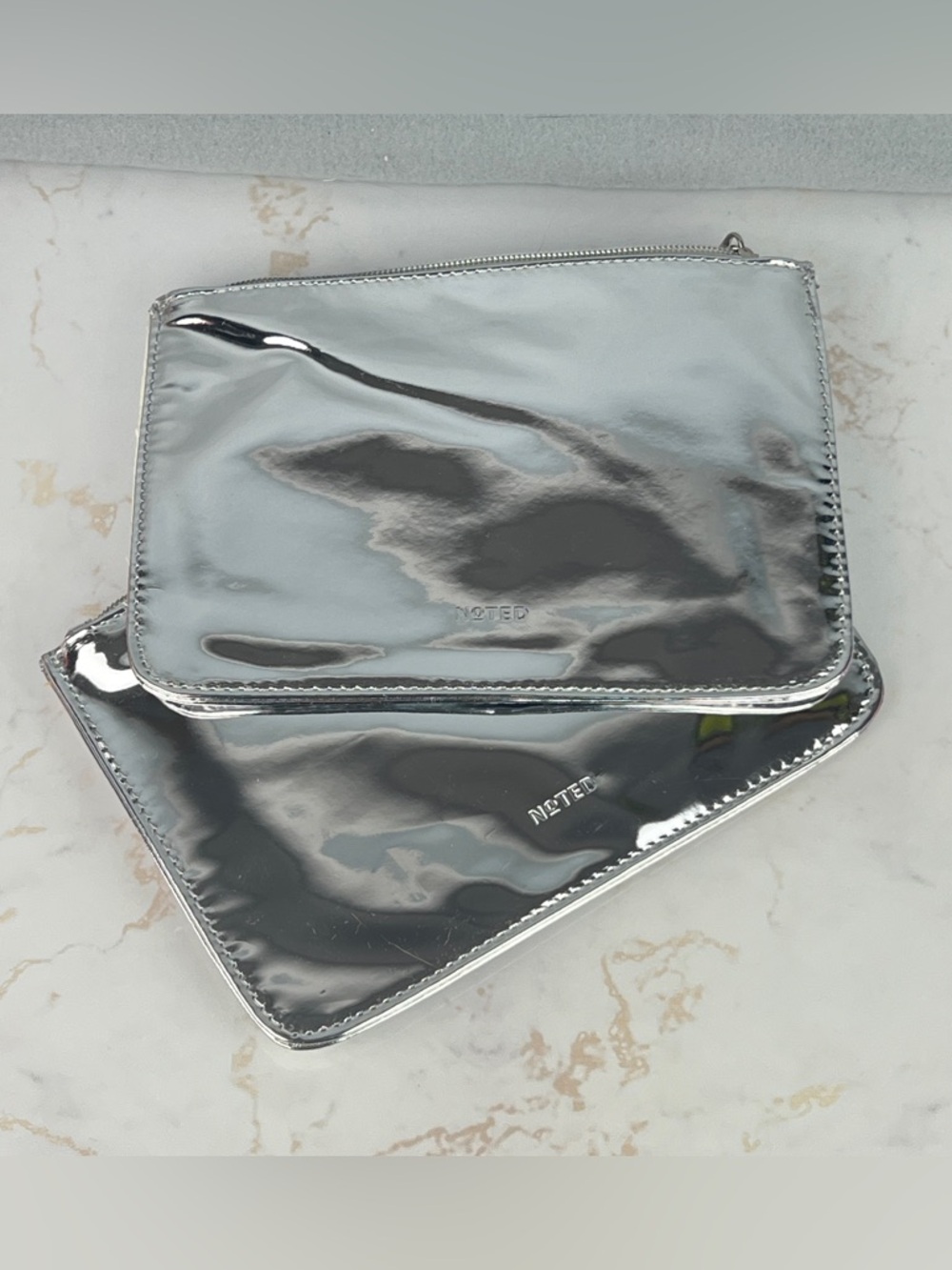 NEW 2pk NOTED Zippered Cosmetic Travel Pouches Reflective Silver Y2K